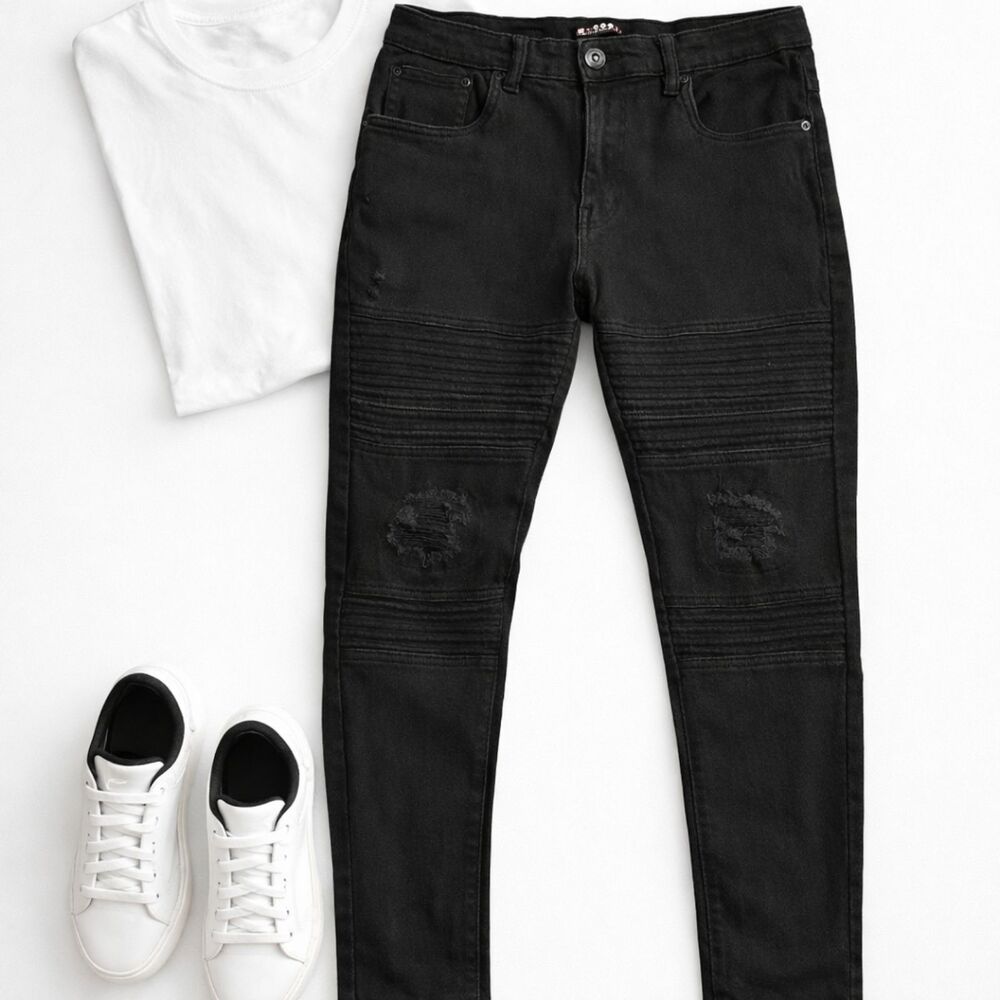 M. Society Politically Incorrect Black Patched Rip Skinny Fit Jeans 32×30 (120)